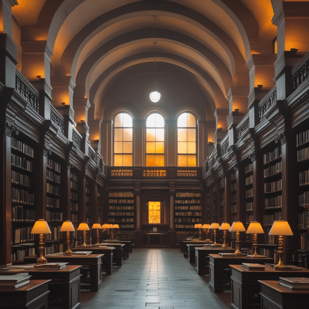 Interior of a large classical academic library with tall wooden bookshelves filled with reference volumes, reading tables with brass lamps, and warm amber light filtering through arched windows