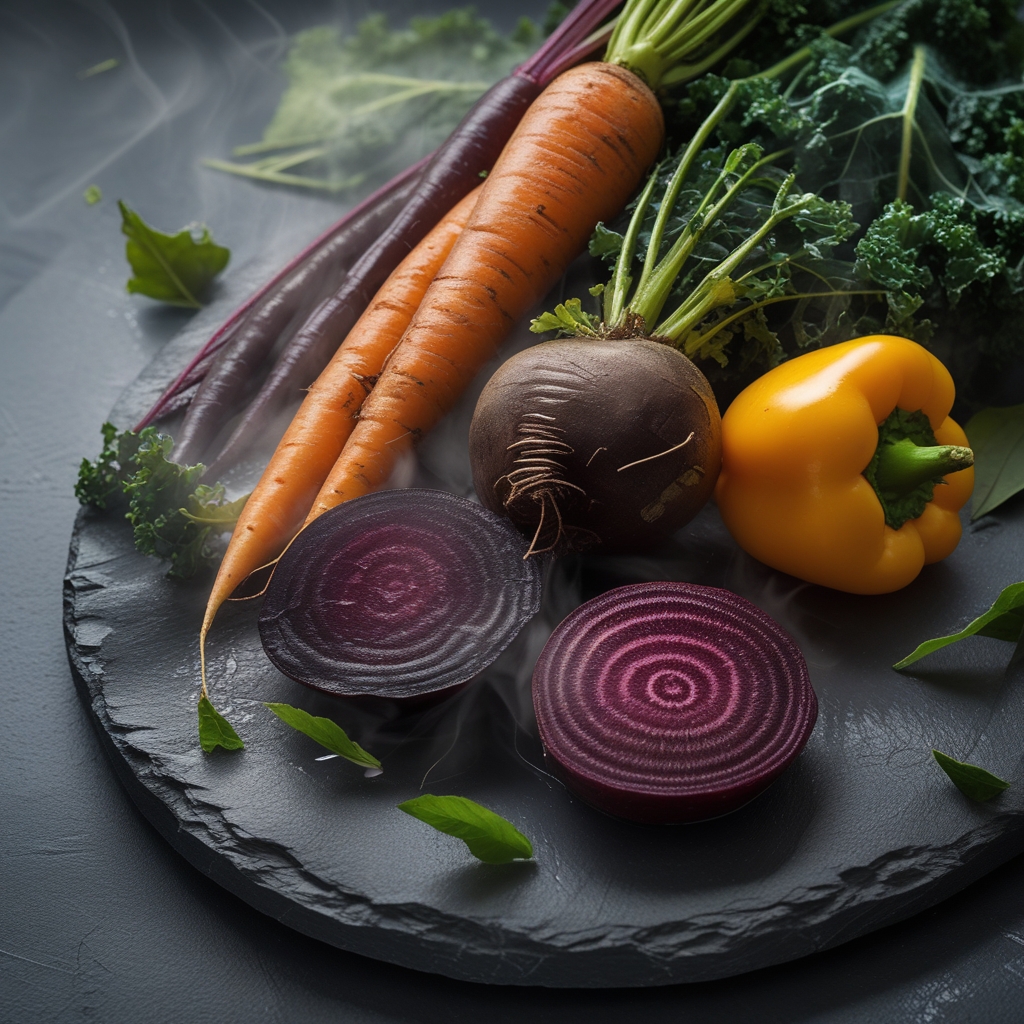 Close-up of richly colored organic vegetables including dark kale, orange carrots, deep purple beetroot and bright yellow bell peppers on a slate grey stone surface with soft diffused light